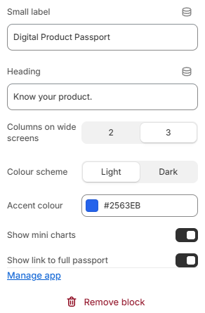 Passport Highlights block settings in the Shopify theme editor
